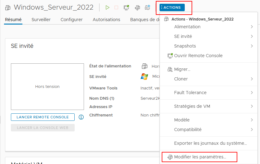 Modification des paramètres