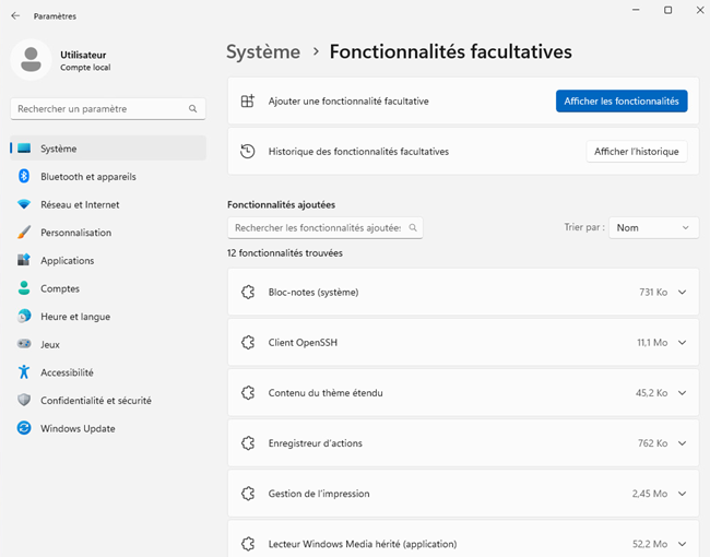 Fonctionnalités Facultatives